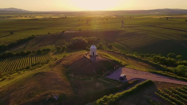 Aerial shots of Bouzov Castle in the Czech Republic. Bouzov Castle at sunset. 
