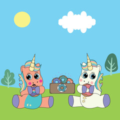 Two Unicorns Eating Sweets Illustration