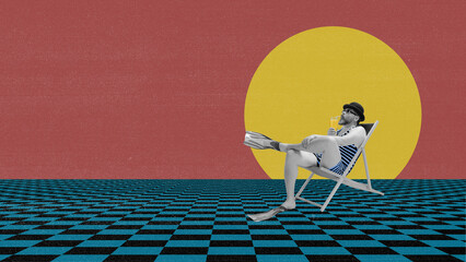 Creative design in retro style. Contemporary art collage. Man in striped swimsuit sitting and...