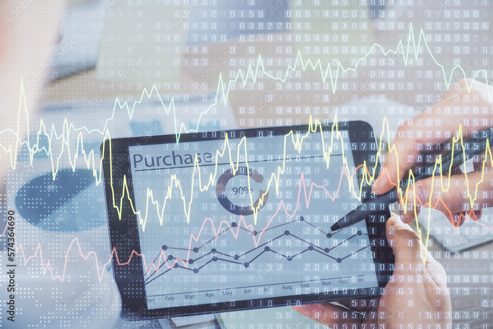 Aufkleber double exposure of man's hands holding and using a phone and financial chart drawing. market analysi