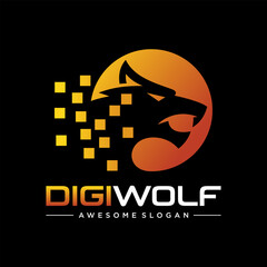 Wolf Head Digital Tech Pixel Logo Design Vector Template