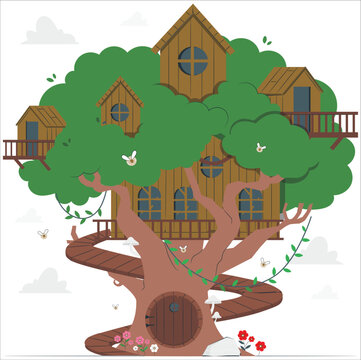 Tree House For Playing And Parties. House On Tree For Kids. Children Playground. Wooden Town, Rope Park Between Green Foliage. Summer Camp Vacation. Flat Cartoon Style. Vector Illustration, Isolated