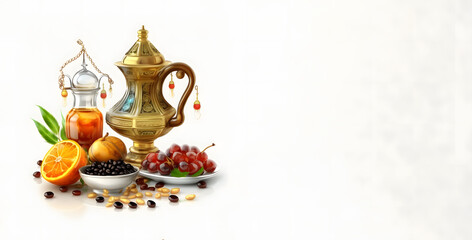 Arabic coffee pot date fruit and rosary beads, Dallah isolated on white free space banner, Ramadan Kareem Iftar party celebration. traditional teapot with Dried Date fruits in the bowl