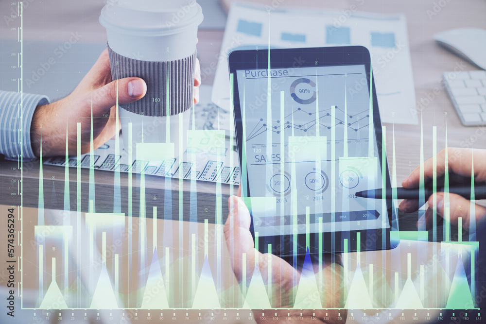 Poster double exposure of man's hands holding and using a phone and financial chart drawing. market analysi
