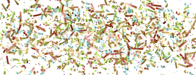 Multicolor confetti abstract background with a lot of falling pieces, isolated on a white background. Festive decorative tinsel element for design