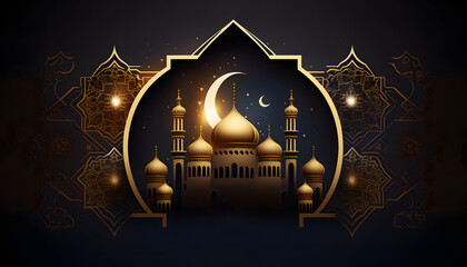 Lanterns stands in the desert at night sky, lantern islamic Mosque, crescent moon Ramadan Kareem themed illustration background