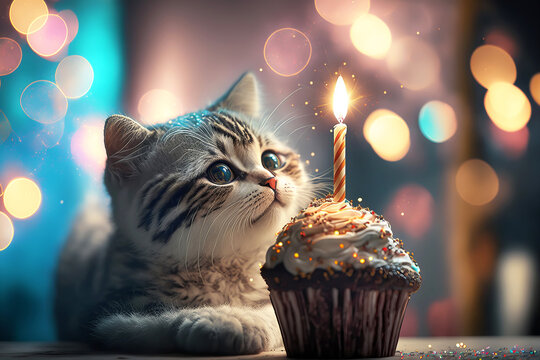 Cute little kitten with birthday cupcake on festive bokeh background. Generative AI illustration