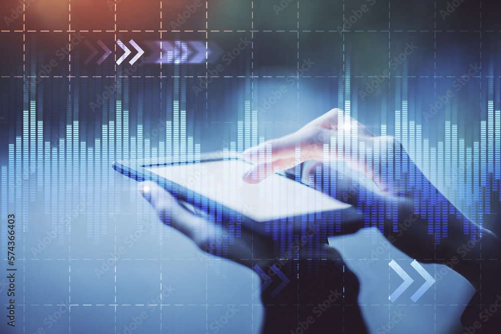 Aufkleber double exposure of forex chart sketch hologram and woman holding and using a mobile device. financia