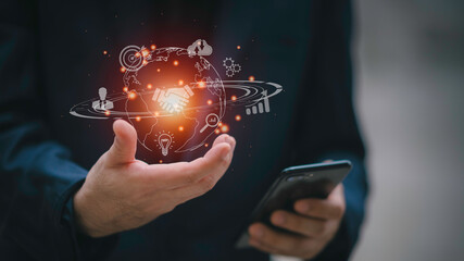 Hand holding virtual Global Internet connection metaverse. Business global internet connection application technology and digital marketing, Financial and banking, Digital link tech, big data.