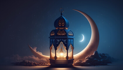 Fototapeta Lanterns stands in the desert at night sky, lantern islamic Mosque, crescent moon Ramadan Kareem themed illustration background obraz