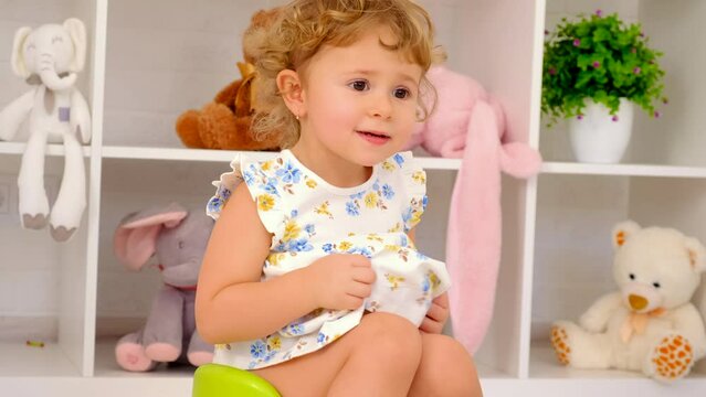 The child sits on the potty. Selective focus.