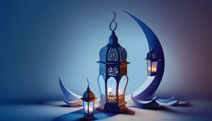 Lanterns stands in the desert at night sky, lantern islamic Mosque, crescent moon Ramadan Kareem themed illustration background