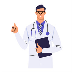 Portrait of a doctor in glasses showing a thumbs up. A gesture of approval, cool, super. Medical worker with stethoscope, clipboard and white coat. Isolated on white background. Flat style. Vector.