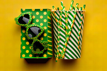 photo of st patrick's day decorations clover shaped party glasses straws green bow-tie giftbox with polka dot pattern trefoils and gold coins on isolated yellow background with empty. Generative Ai