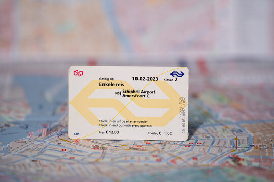 Amsterdam, Netherlands - February 10, 2023: Train ticket between Schiphol Airport and Amersfoort C.