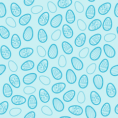 Seamless pattern with decorative Easter eggs of different sizes on blue. Happy Easter day.