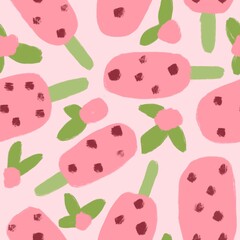 Hand drawn seamless pattern with ice cream popsicle sweet food. Pink rose flowers floral art, summer colorful print with frozen tasty dessert, doodle funny style.
