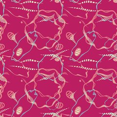 Atmospheric Ripples Mid Red, Pale Pink and Green Elements Floating against a Lipsitick Pink Ground, Repeating Pattern Tile