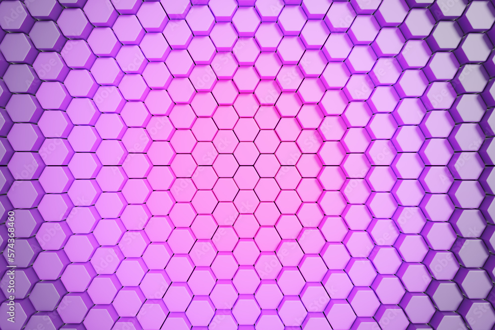 Poster mosaic of hexagonal honeycombs. violet abstract background.3d rendering