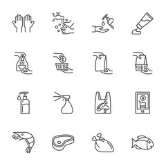 icon design for content. Reduce touching products in the market. Epidemic concept, simple thin line icons set