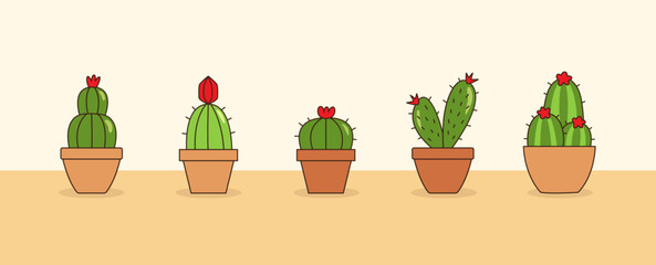 Cactus pots with red flower vector collection, succulent.