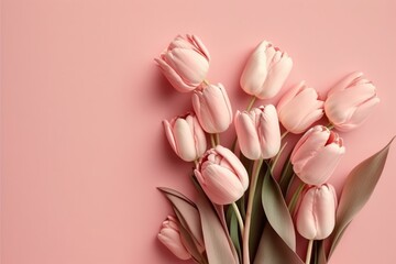 Beautiful composition spring flowers. Tulip Flowers on flat Lay with Copy Space for Text for Women's Day, Valentine's Day & Mother's Day. Generative AI.