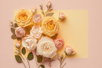 Beautiful composition spring flowers. Roses on flat Lay with Copy Space for Text for Women's Day, Valentine's Day & Mother's Day. Generative AI.