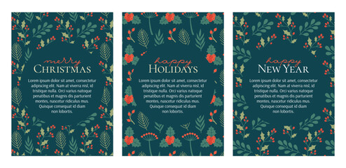 Christmas card templates with floral, botanical patterns and place for text. Merry Christmas, Happy New Year invitation with illustrations of plants, mistletoe, holly berry, text, leaves, branches.