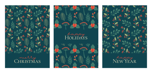 Fototapeta na wymiar Winter holidays card templates with floral, botanical patterns. Merry Christmas, Happy New Year banners, invitations with flat illustration of plants, mistletoe, holly berry, text, leaves, branches.