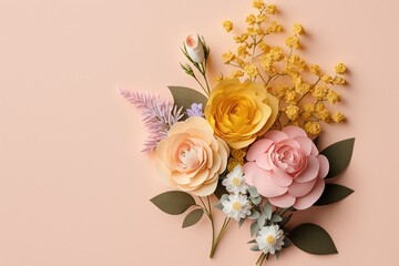 Beautiful composition spring flowers. Roses on flat Lay with Copy Space for Text for Women's Day, Valentine's Day & Mother's Day. Generative AI.