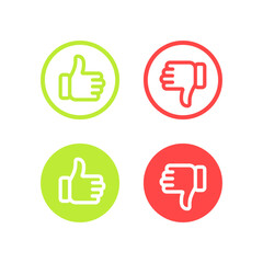 Like dislike icons set. Thumbs up, thumbs down, hand, red, green, flat, social media, rate, quality, approve, reject, rate. Reaction concept. Set of vector icons isolated on white background
