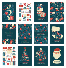 Big set of different Christmas and New Year cards.Collection illustrations and seamless winter holiday patterns and backgrounds. Print for banner, invitation, wrapping paper,cover.Tiger symbol 2022.