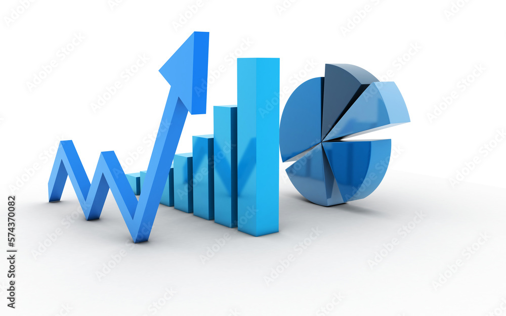 Poster 3d rendered pie chart graph with up arrow isolated on white background