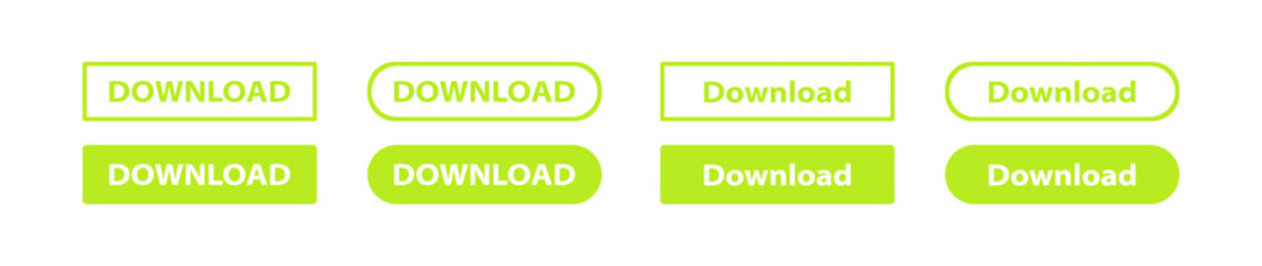 Set of eight download button variations. file transfer service, data exchange, distribution, exchange, digital data, popularization, advertising. Website design concept. Vector illustration