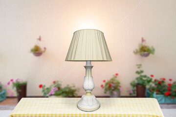 Elegant modern lamp on table in room.