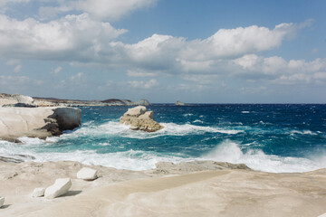 View from Sarakiniko Beach on Milos Island in Greece