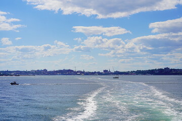 Fototapeta premium Landscape of Portland harbor, fore river, and Casco Bay and islands, Portland, Maine