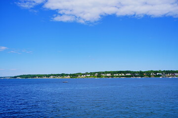 Landscape of Portland harbor, fore river, and Casco Bay and islands, Portland, Maine