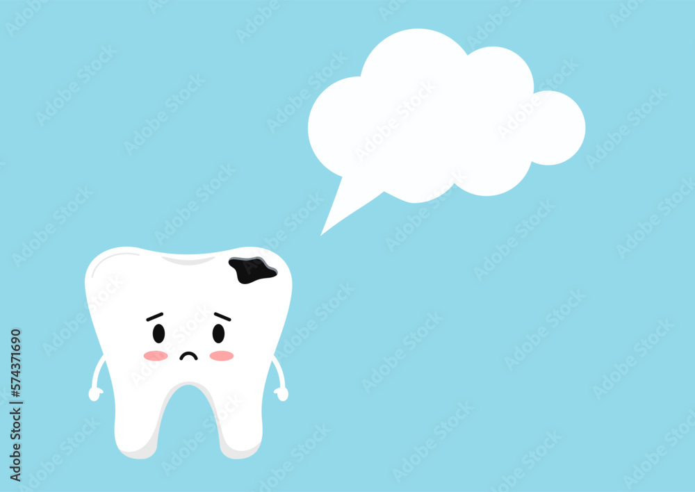 Wall mural Sad cavity tooth icon with speach bubble isolated on blue background. Flat cute design kawaii dental emoticon. Vector cartoon style teeth with caries character.