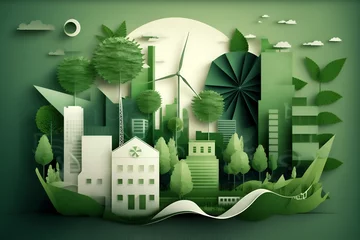 Fensteraufkleber Generative AI illustration of a green leaf image in the paper art style with trees, city building silhouettes, windmills, and solar panels. The preservation of ecology. A green energy idea. © JoseLuis