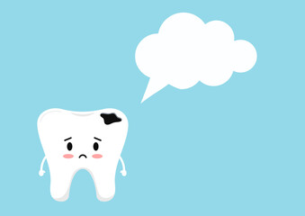 Sad cavity tooth icon with speach bubble isolated on blue background. Flat cute design kawaii dental emoticon. Vector cartoon style teeth with caries character.