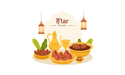 Ramadan Kareem with Delicious Iftar Fasting Food Illustration