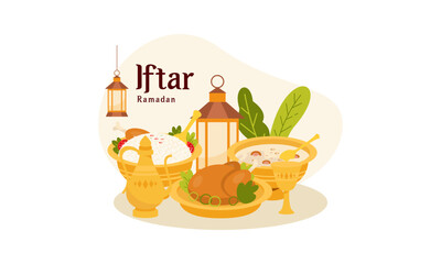 Ramadan Kareem with Delicious Iftar Fasting Food Illustration