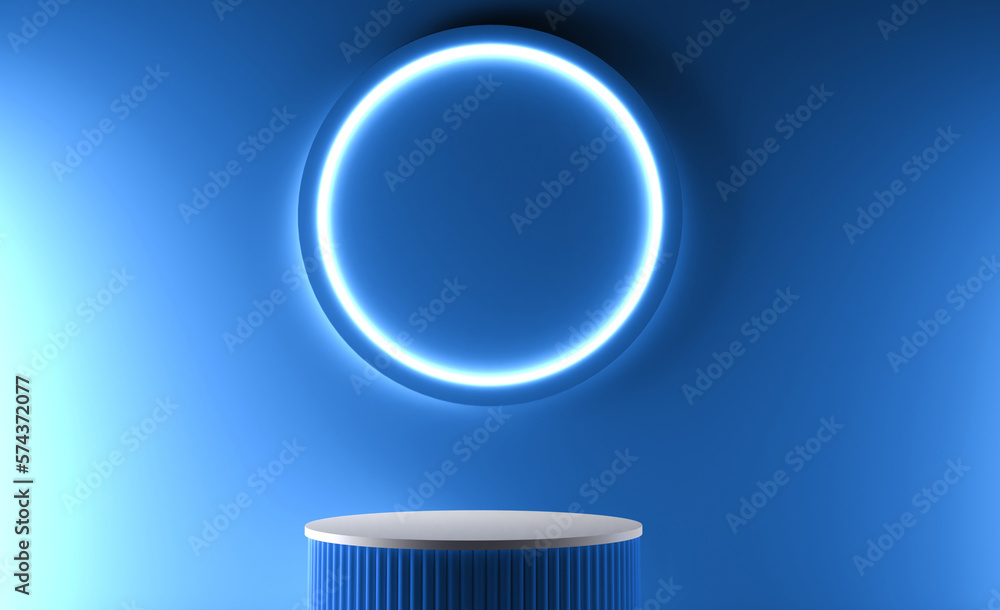 Poster blue realistic 3d cylinder stand podium with glowing neon in circle shape. abstract 3d rendering ren