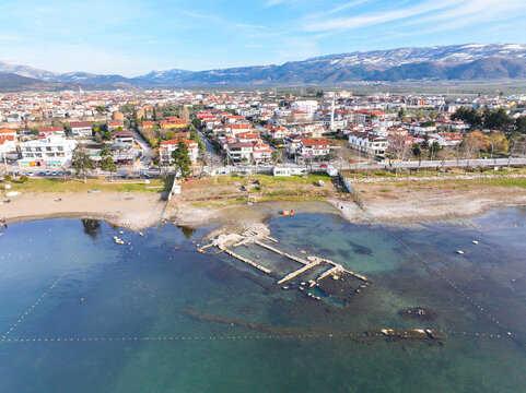 Aerial view Aziz Neophytos Basilica (After Isa 740) under Iznik lake in Bursa, Turkey.