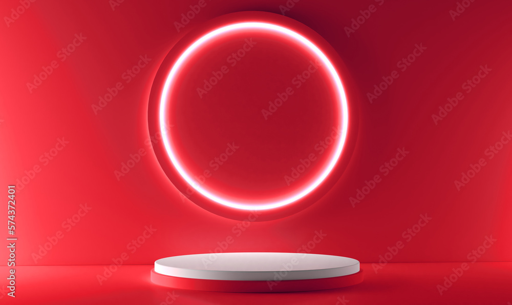 Poster red realistic 3d cylinder stand podium with glowing white neon in circle shape. abstract 3d renderin