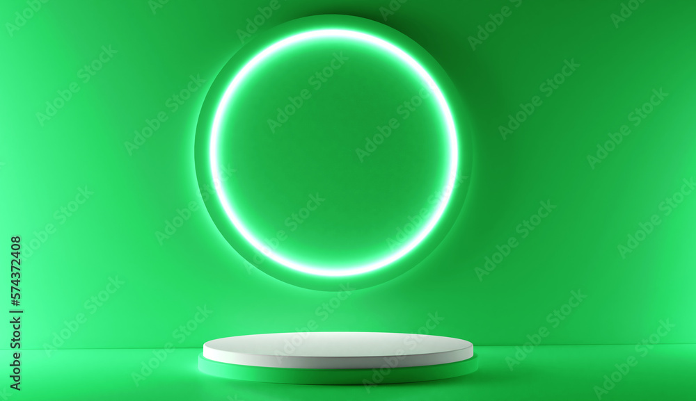 Poster green realistic 3d cylinder stand podium with glowing neon in circle shape. abstract 3d rendering re