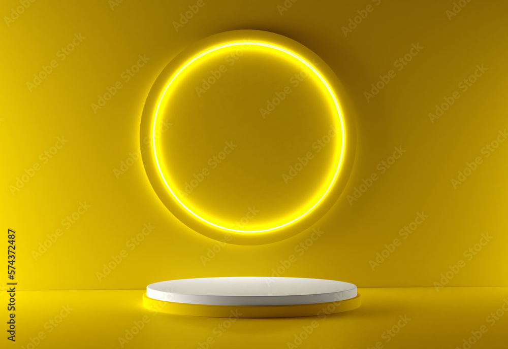 Poster yellow realistic 3d cylinder stand podium with glowing neon in circle shape. abstract 3d rendering r