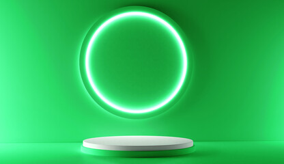 Green realistic 3d cylinder stand podium with glowing neon in circle shape. Abstract 3D Rendering rendering geometric forms. Minimal scene. Stage showcase, Mockup product display.