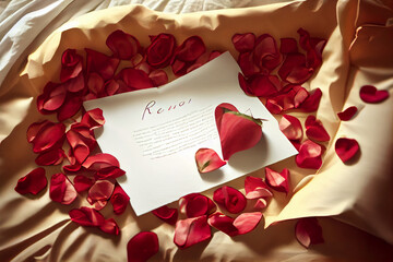valentine's day love letter in a bed with rose petals